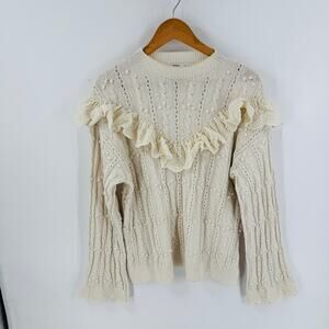 Zara Cream Knit Sweater Small Eyelet Lace Ruffle Trim Cottagecore Romantic Boho